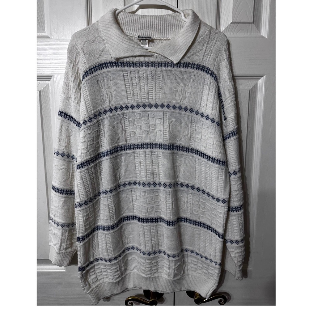 VTG  Basic Editions Sweater Mens Medium White Knit Patterned Polo USA cottagecor